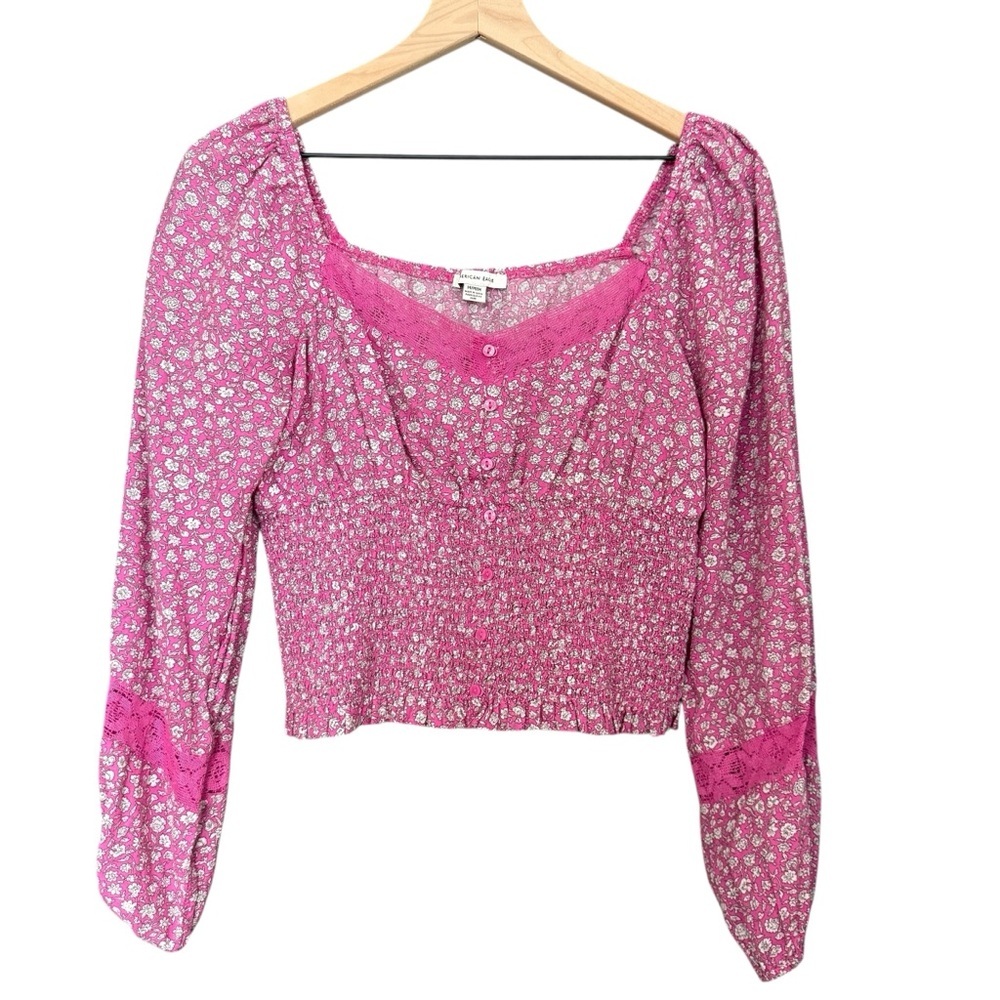 American Eagle Pink Floral Women's Top w/ Lace Detail